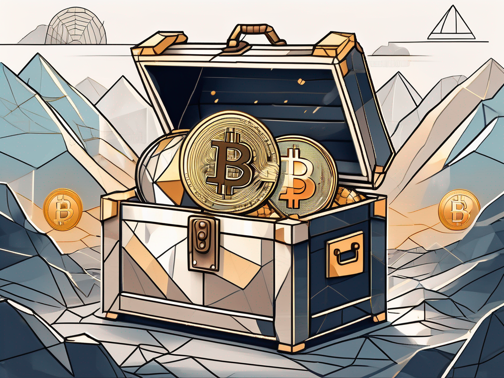 A treasure chest filled with various symbolic representations of cryptocurrencies like bitcoin